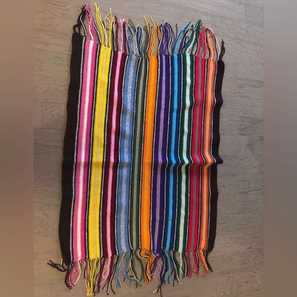 Woman”s Handmade Crocheted Rainbow Patterned Wrap With Tassels